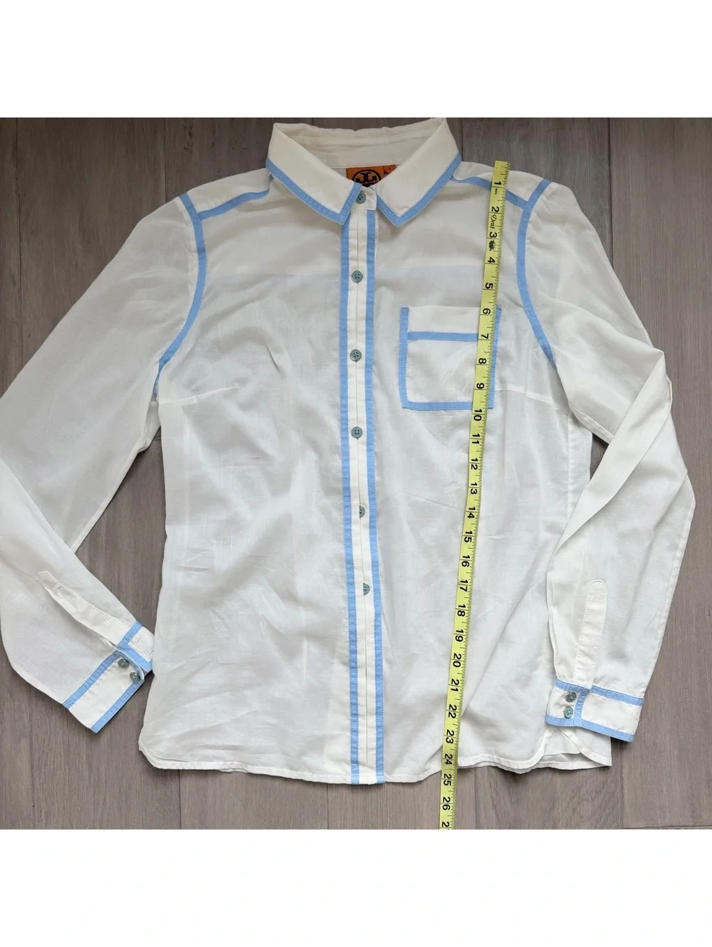 Tory Burch White Button-Up Shirt | Light Blue Trim Size 8
